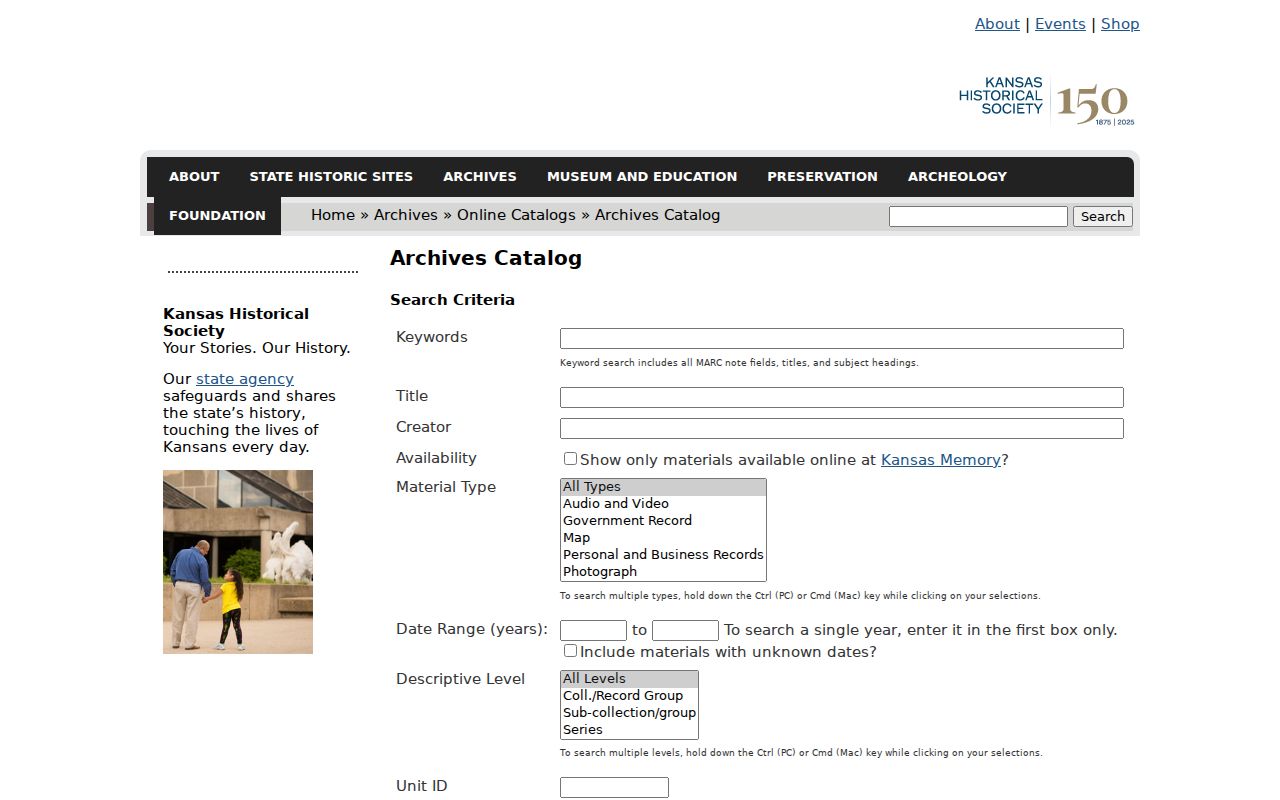 Kansas Historical Society archives catalog for former Salina residents