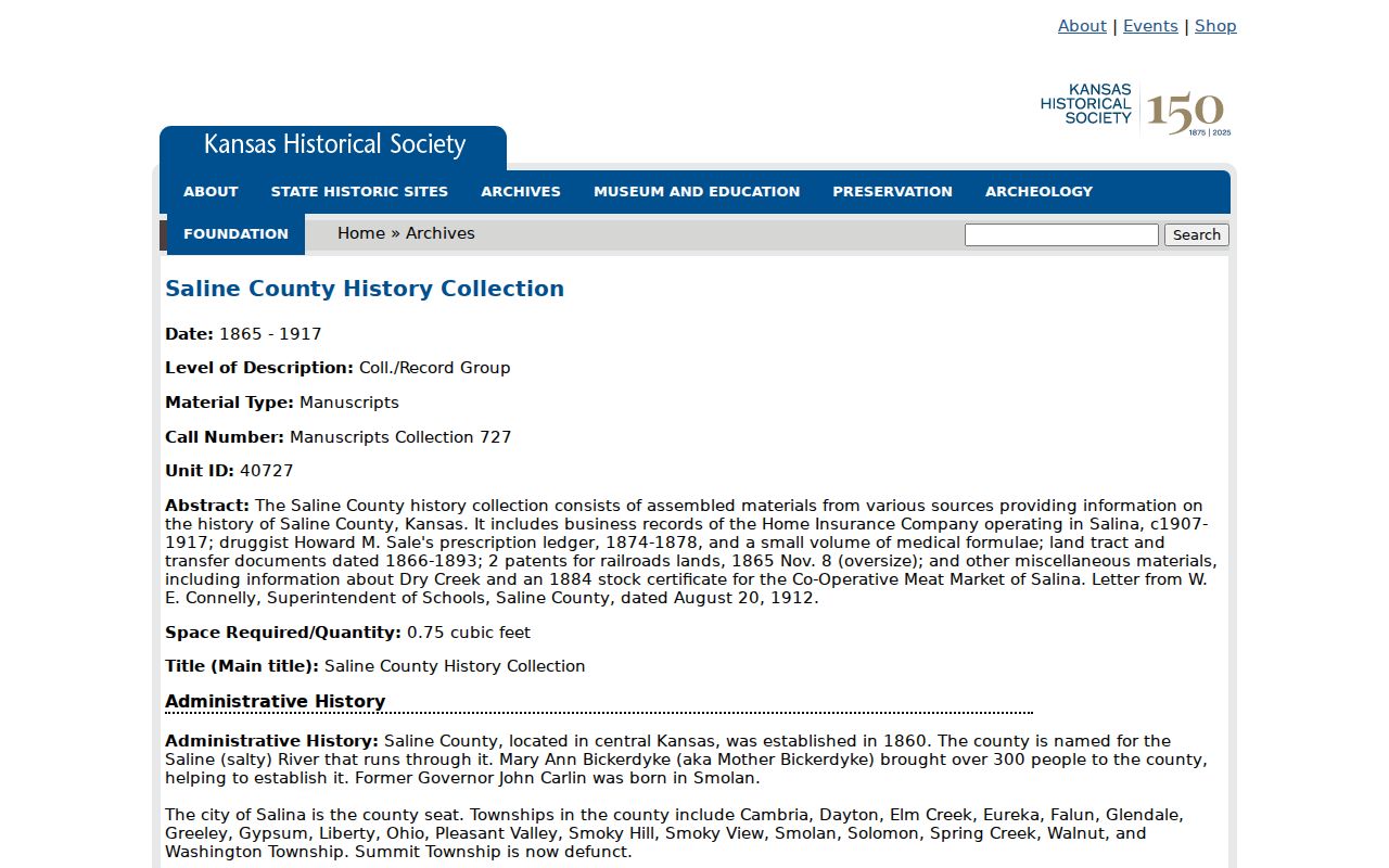 Saline County History Collection for early Salina land and local records